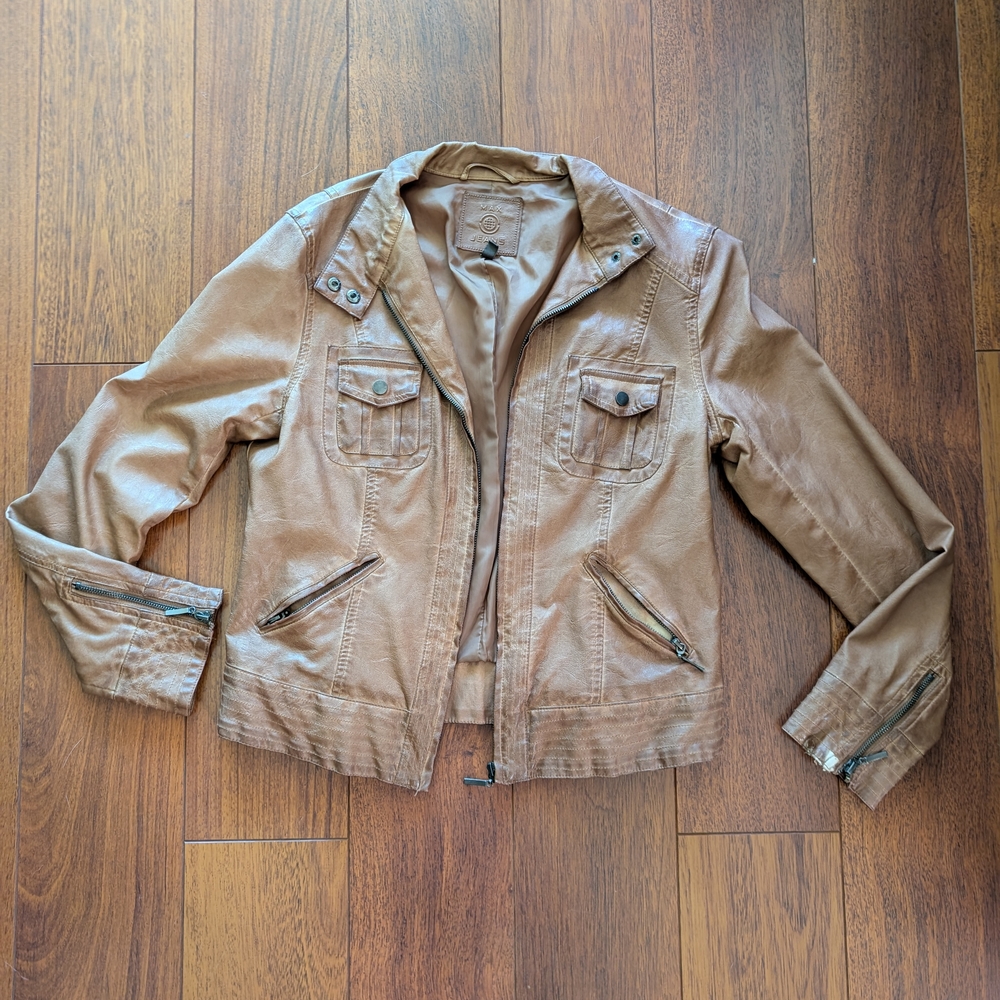Max Jeans Tan Leather Jacket with Zip-Up Front Size Large